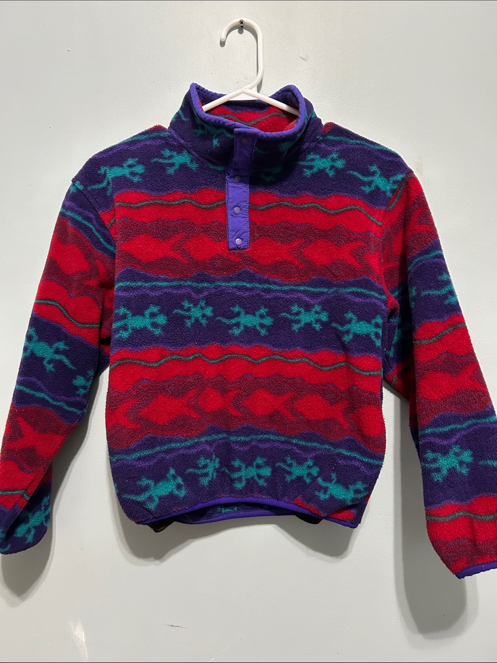 90s vintage L.L. Bean Gecko Print Snap-Neck Fleece Pullover size M